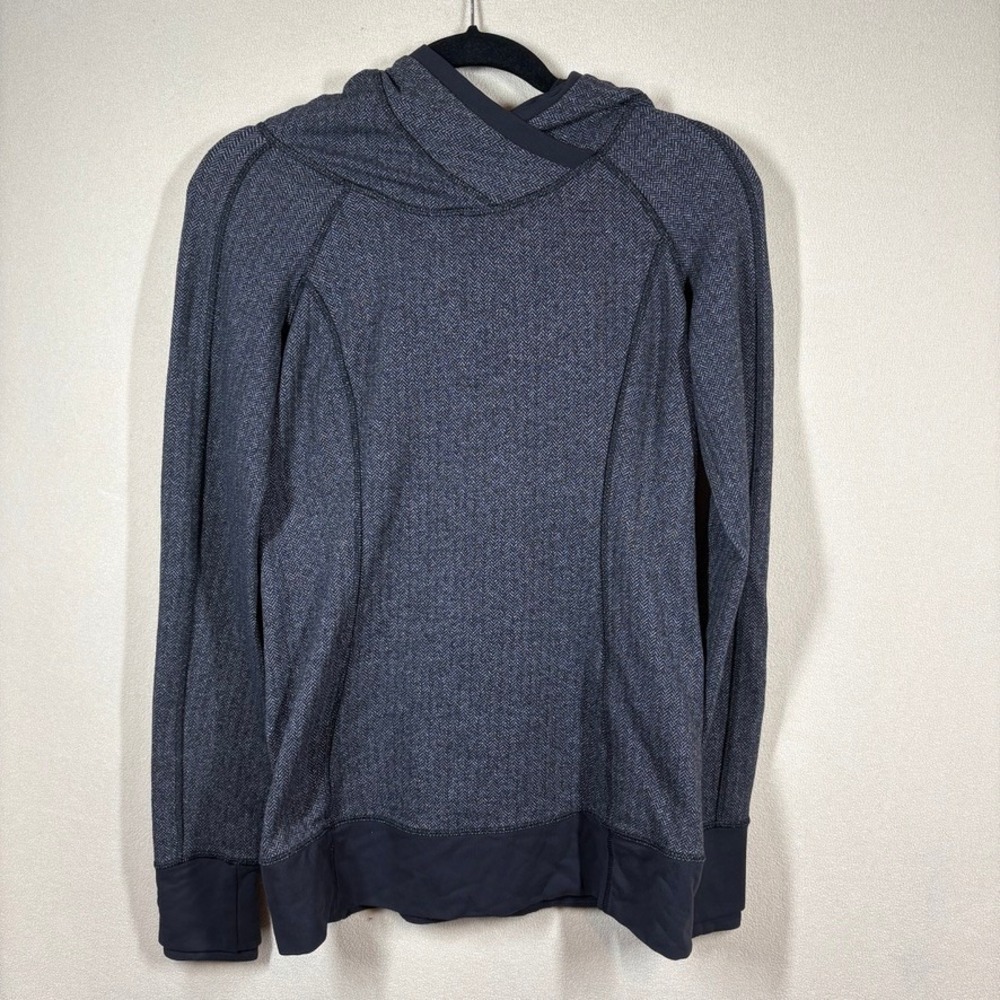 Lululemon Think Fast Herringbone Hoodie Black Grey Funnel Neck Thumbholes Size 6